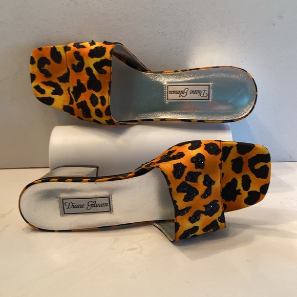 Diane Gilman leopard orange black sequin square toe chunky block heel slides - Picture 11 of 16
